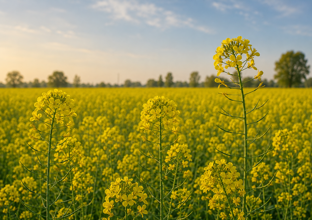 A vibrant yellow rapeseed flower field under a soft blue sky with light clouds, featuring several tall, in-focus flower stalks in the foreground.